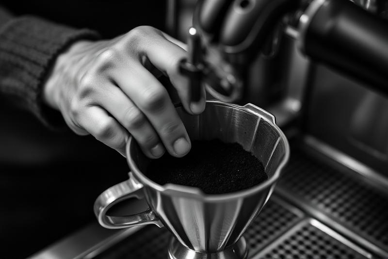 Barista tamping freshly ground coffee