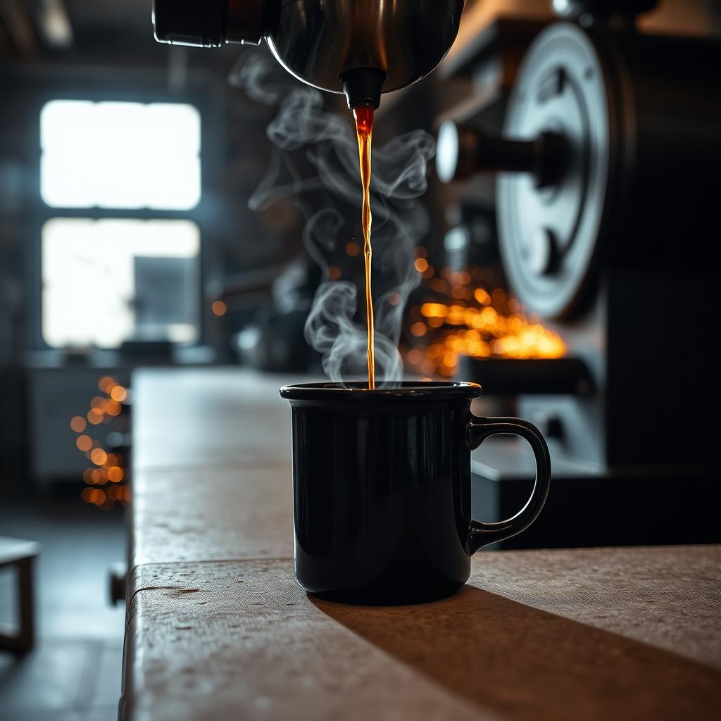 Coffee poured into a black enamel mug